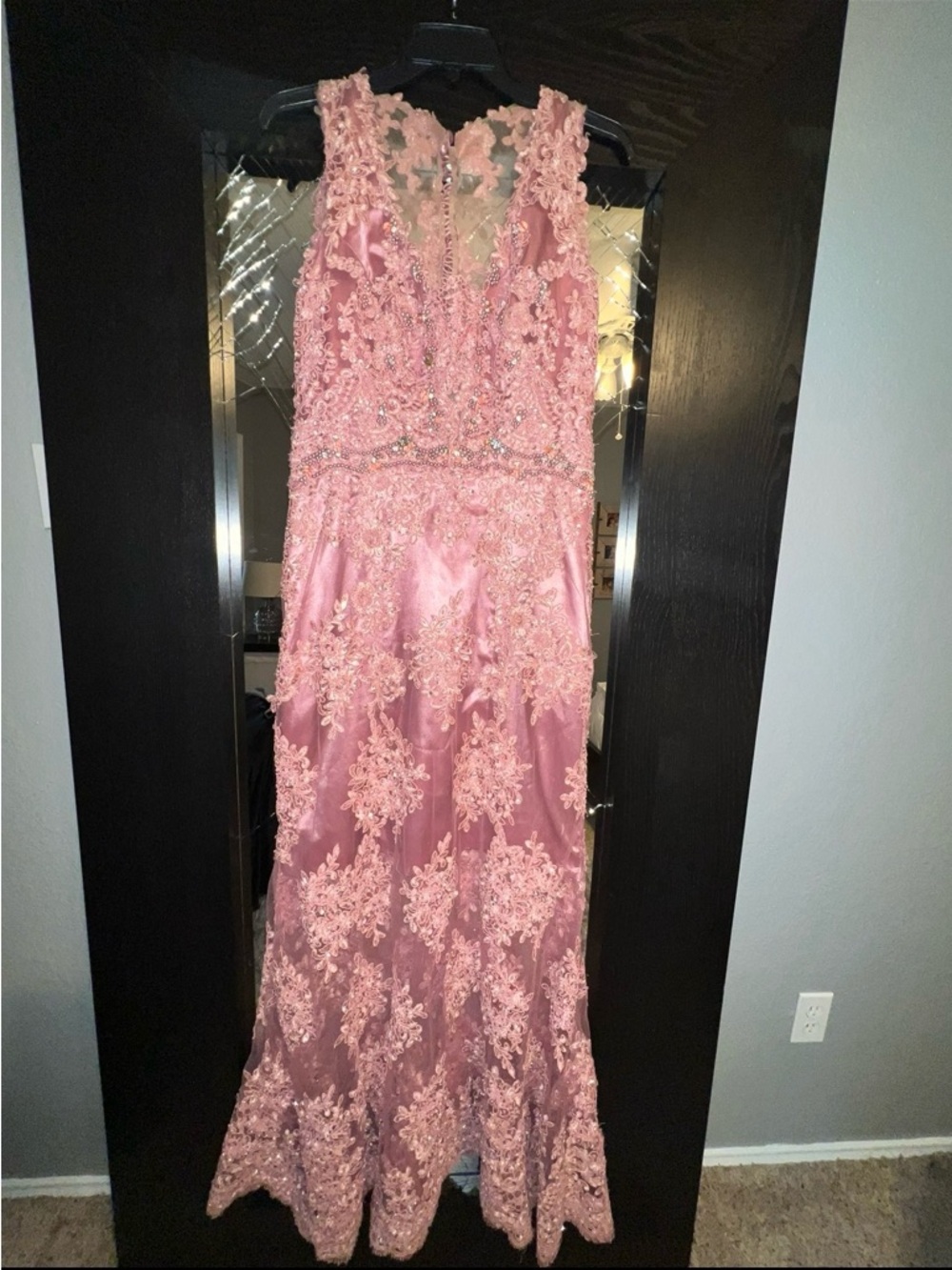 Embellished Pink Lace Evening Gown